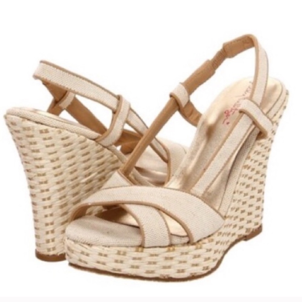 New Lilly Pulitzer Cream Ashley Raffia Weave Canvas Wedges